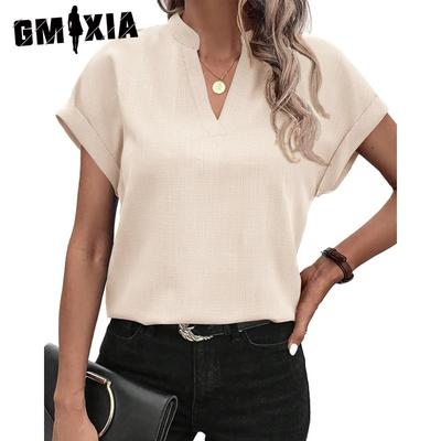Damenmode, lässig, Sommer, einfarbig, kurzärmelig, V-Ausschnitt, Blusen und Hemden