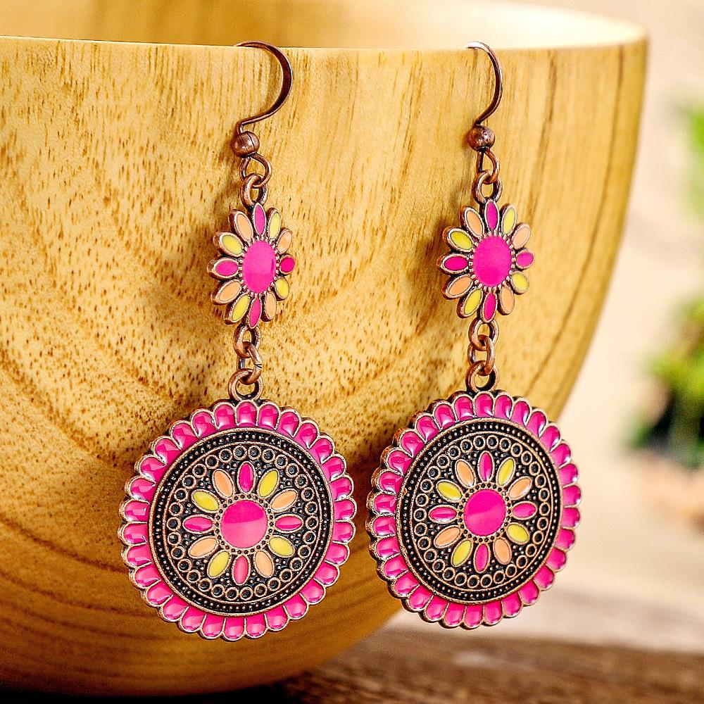 12 Colors Ethnic Vintage Enamel Sun Flower Earrings for Women Elegant Fresh Dangle Earrings Boho Vacation Party Jewelry
