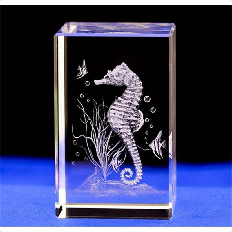 Crystal Glass Seahorse Statue Model3D Laser Etched Crystal Seahorse Figurine Art Animal Crystal Glass Cube Engraving Seahorse Ornaments Gifts