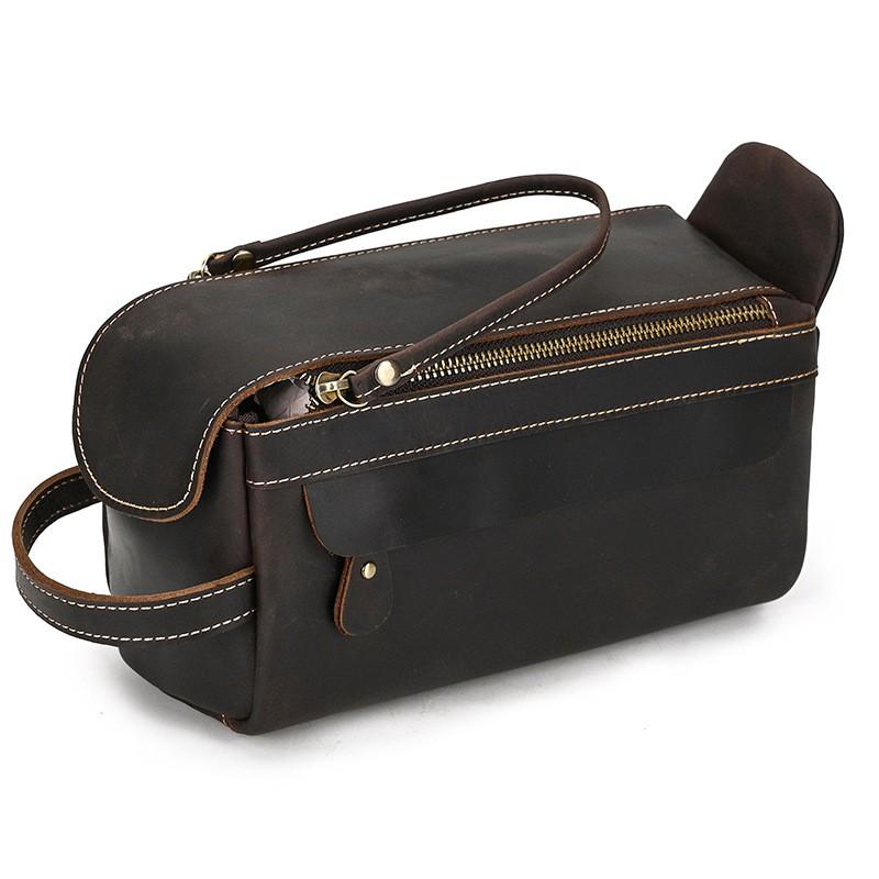 Vintage Full-Grain Leather Toiletry Bag With Zip Multi-Compartment Cosmetic Organizer Travel Daily Use