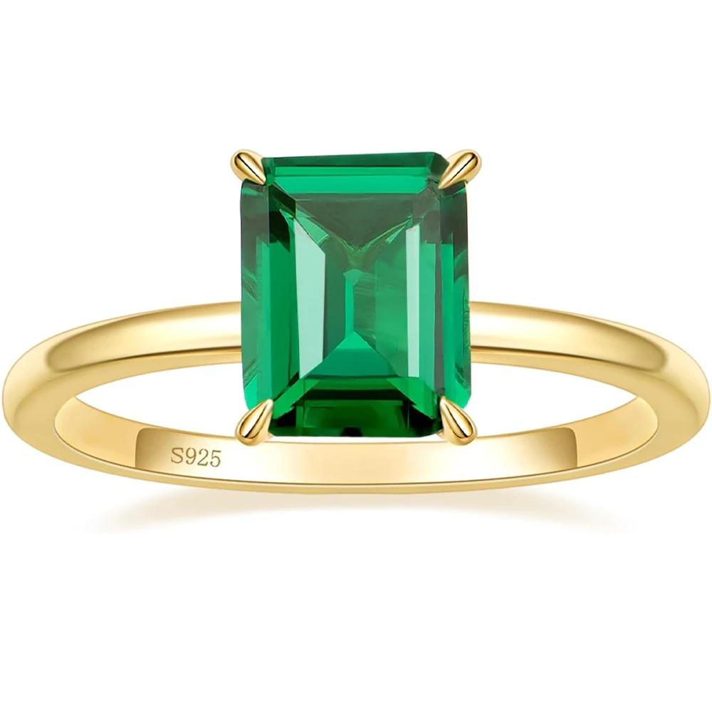 Monkton 100% 925 Silver Engagement Rings for Women 3CT Solitaire Created Green Emerald Wedding Band Promise Jewelry