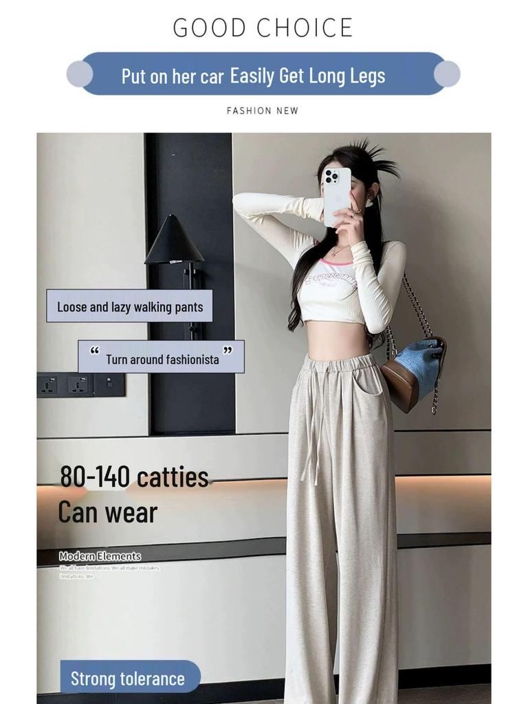 2025 Petite Women's Wide-Leg Gray Sweatpants - Drawstring Casual Pants for Autumn/Winter (XS)