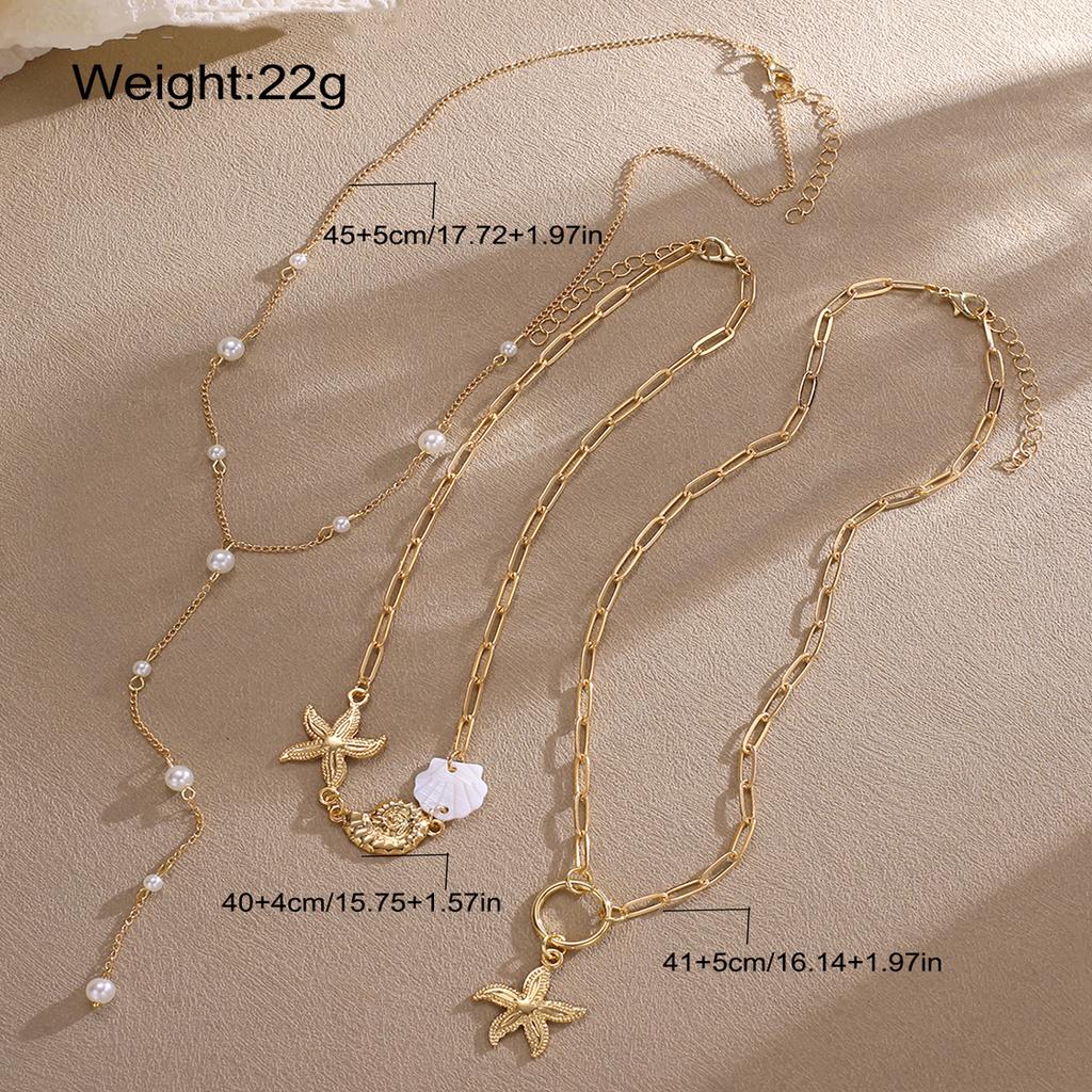 3Pcs/Set Shell Starfish Conch Pendant Necklace for Women Vintage Gold Color Imitation Pearl Necklaces Summer Multilayer Jewelry