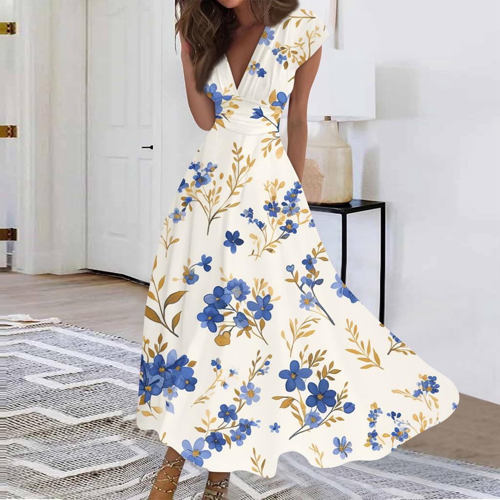 Women's Long Casual Dress Summer Short-Sleeve V-Neck Waist Retraction Printed Dress