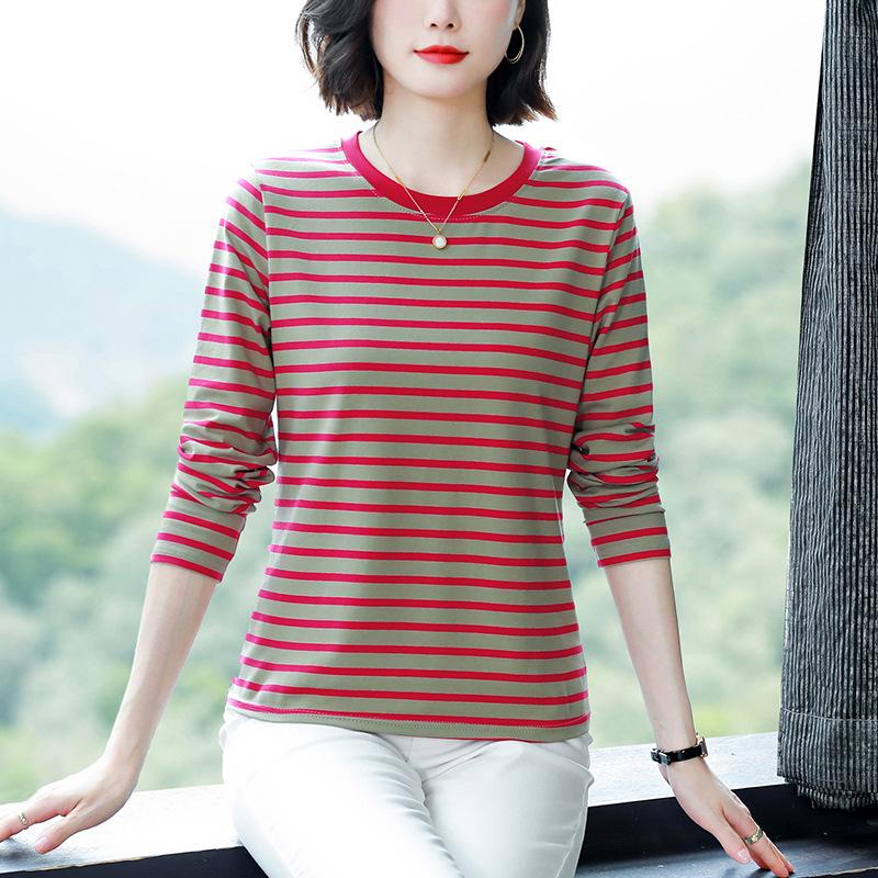 

Новая осенняя полосатая хлопковая футболка свободного кроя с длинным рукавом для женщин среднего возраста 3XL (146-160 lbs)