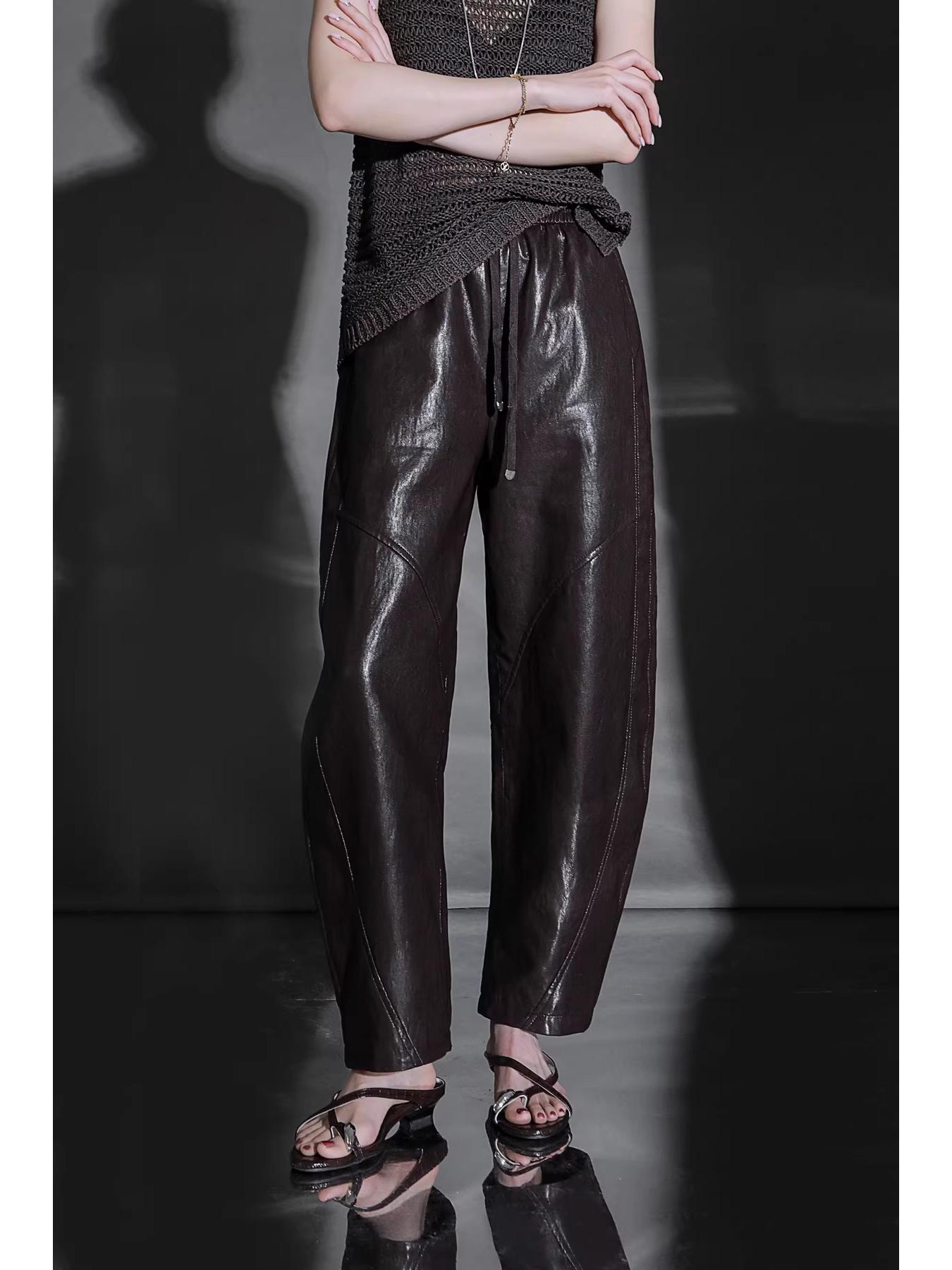 

Versatile Trendy Elastic Waist Drawstring Leather Pants for Women with Curved Knife Design - Slim Oil Wax Leather 2026 New Style Medium кофейный