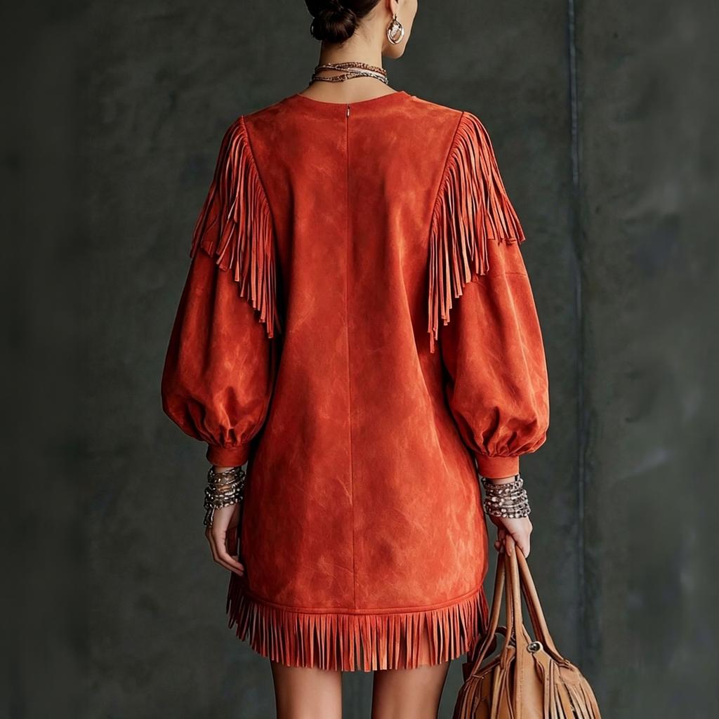 Damen Boho Quastenärmel Kurzkleid Lockerer Schnitt Mehrfarbig für Arbeit und Urlaub