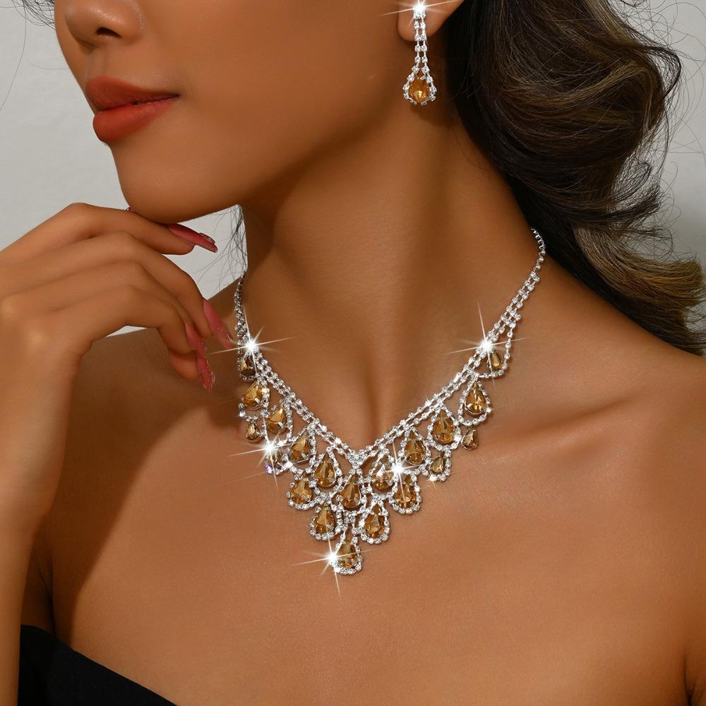 Shining Inlay Rhinestone Jewelry Set Water Drop Pendant Women Jewelry Set  Wedding Engagement