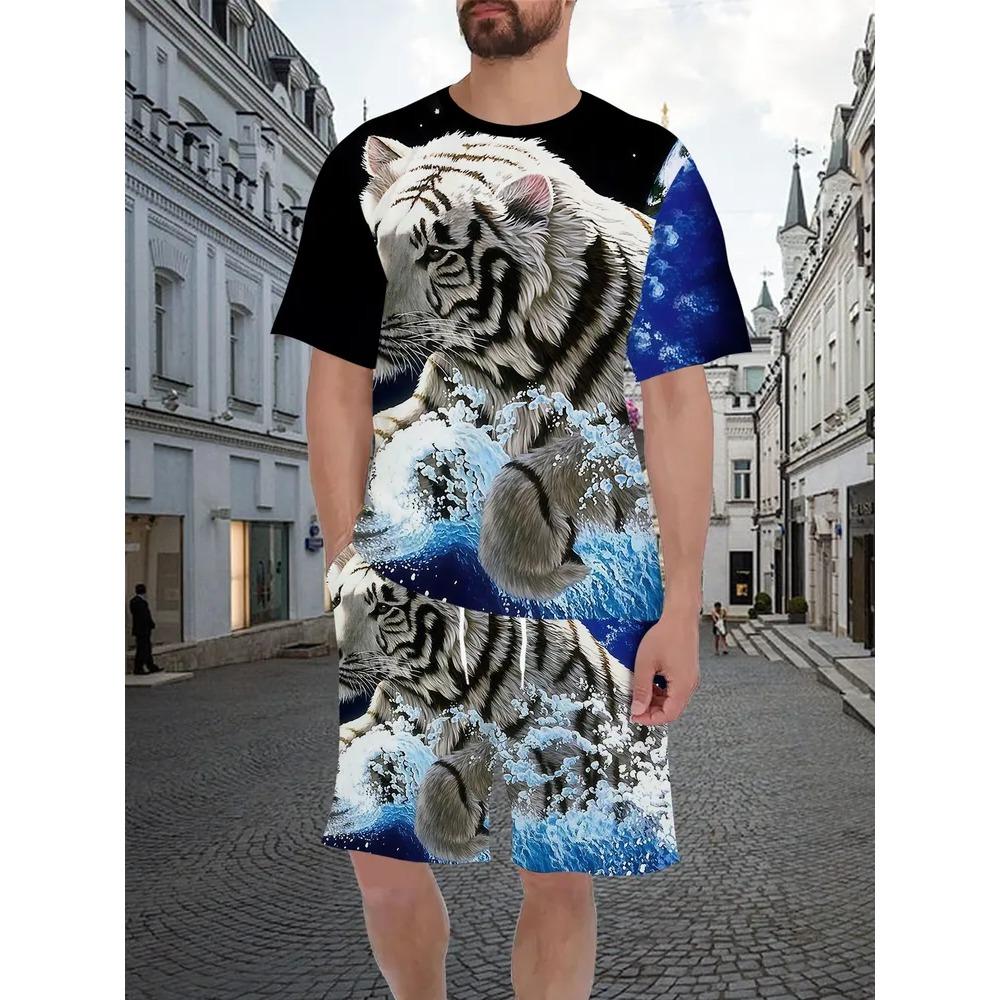 Summer Men's Two-Piece Set Animal 3D Printed Sports Wear Fashionable Soft Comfortable Breathable Large Loose Casual Style Sports Wear