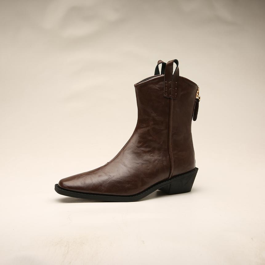 Fashion Boots Women Trends 2025 Retro Cowboy Boots Woman Leather Thick Heel Wrinkled Western Short Boots Womens Shoes