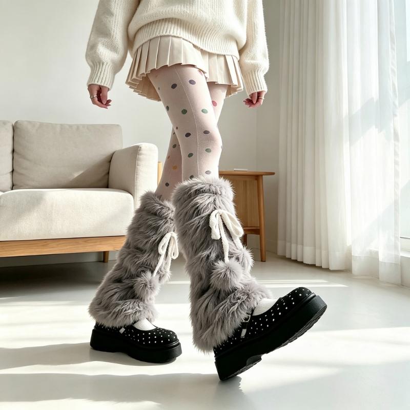 Plush Leg Warmers for Fall and Winter Layering, with Flared Lower Openings, and Bowknot Accent, Thick Faux Furs Boot Covers Long Socks for Women