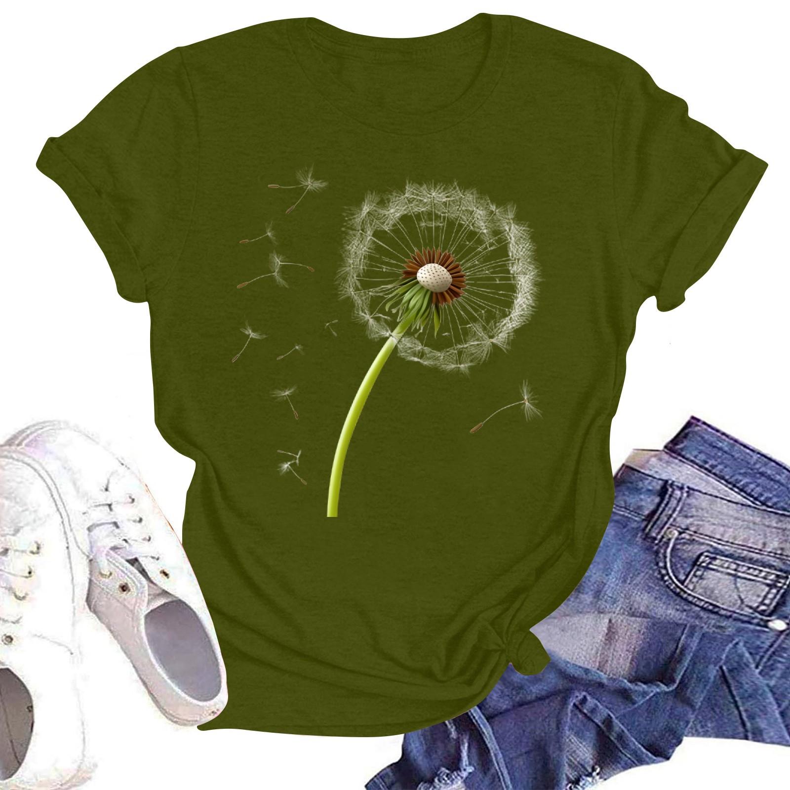 

Женская повседневная свободная футболка с принтом, круглый вырез, пуловер, короткий рукав, топ L армия зеленый