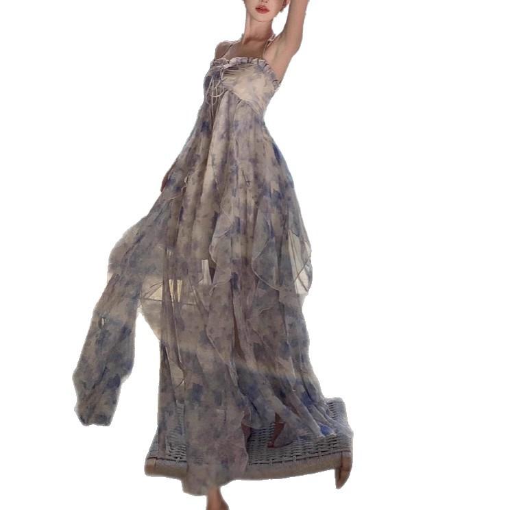 New French blue floral neck dress for women's summer niche design, small waist