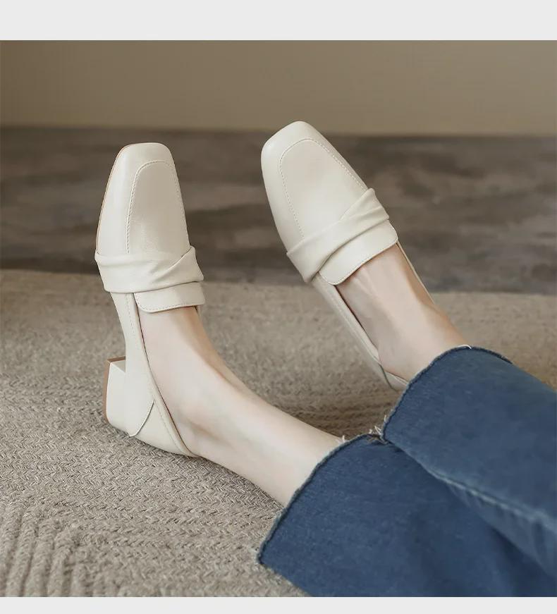 ZHR Women's Thick Heel Square Toe Loafers - Summer 2023 British Style Slip-on Leather Shoes
