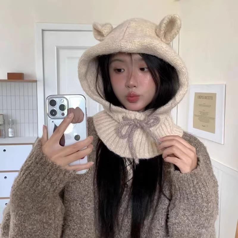 Cute Ears Balaclava Hat Scarf Integrated Red Knitted Hat Winter Warm Ear Protection Woolen Hat for Women