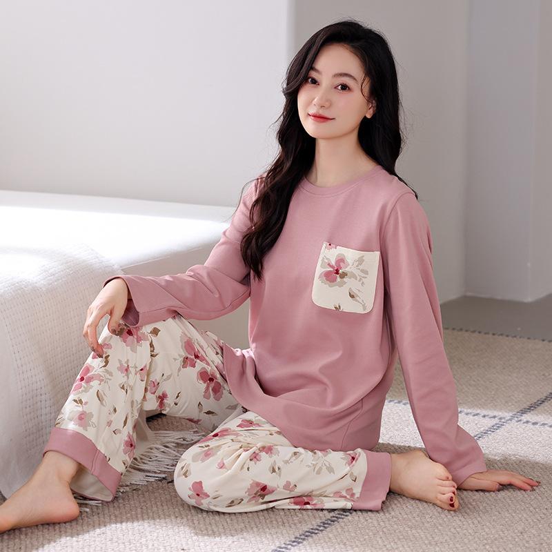 Pajamas Women'S Pure Cotton Long-Sleeved Cotton Round Neck Can Be Worn Outside Casual Loungewear Set