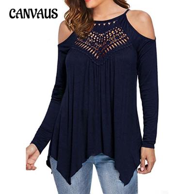 Primavera e outono blusa feminina renda costura sem alças de manga comprida camiseta casual