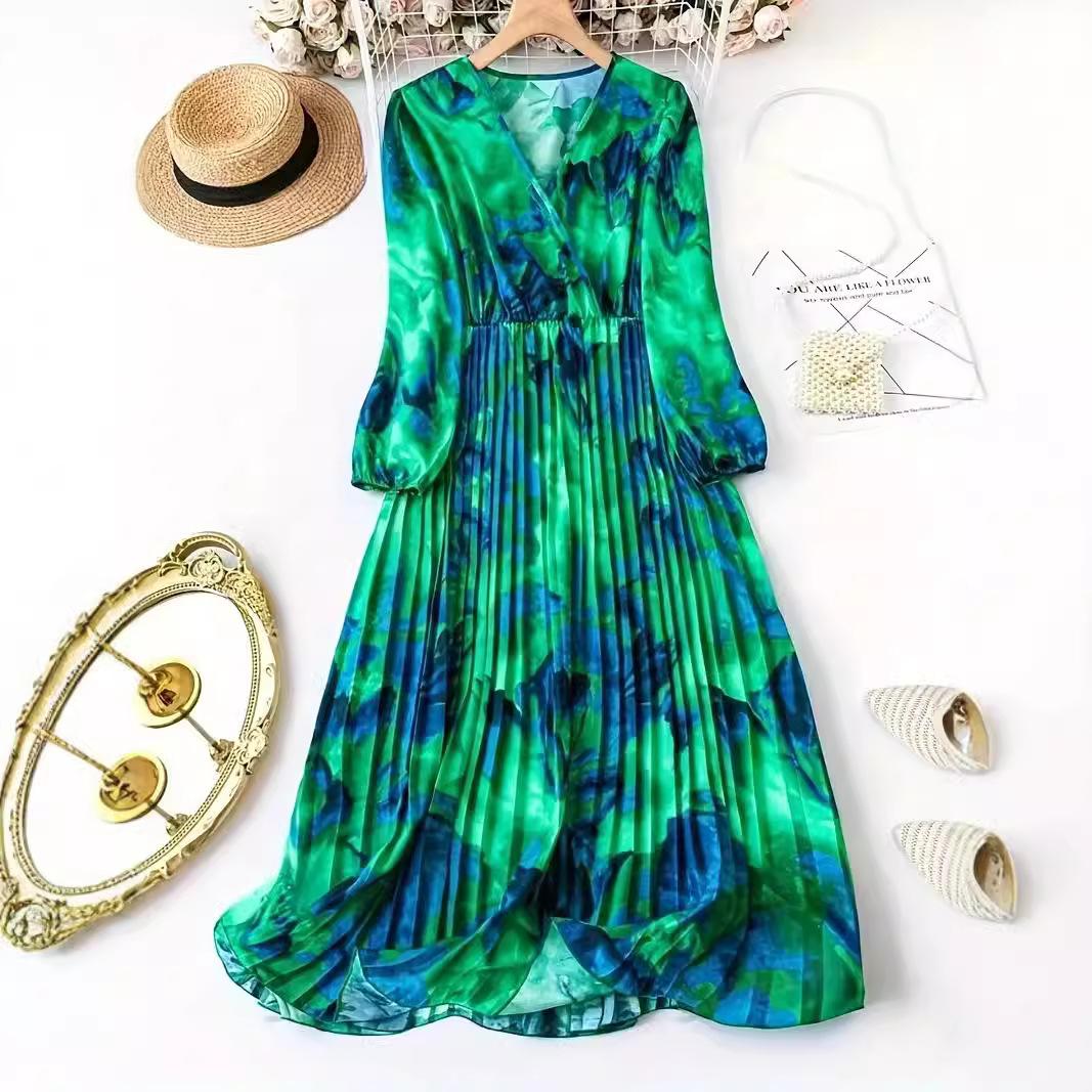 

Весенне-осеннее женское платье больших размеров с принтом тай-дай, плиссированное платье на талии, платья с длинным рукавом и V-образным вырезом 3XL зелёный