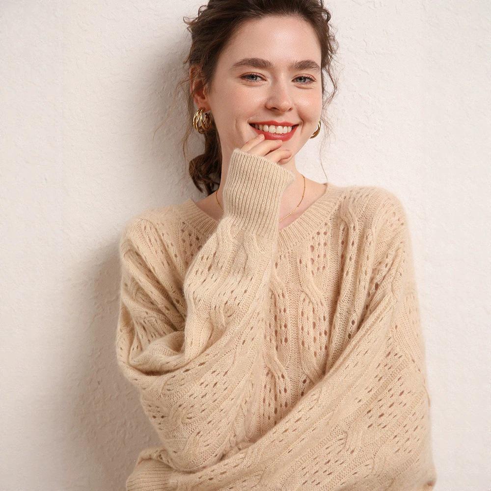 Women's Round Neck Crochet Cashmere Sweater - Soft, Warm, Fashionable Knit for Spring & Autumn