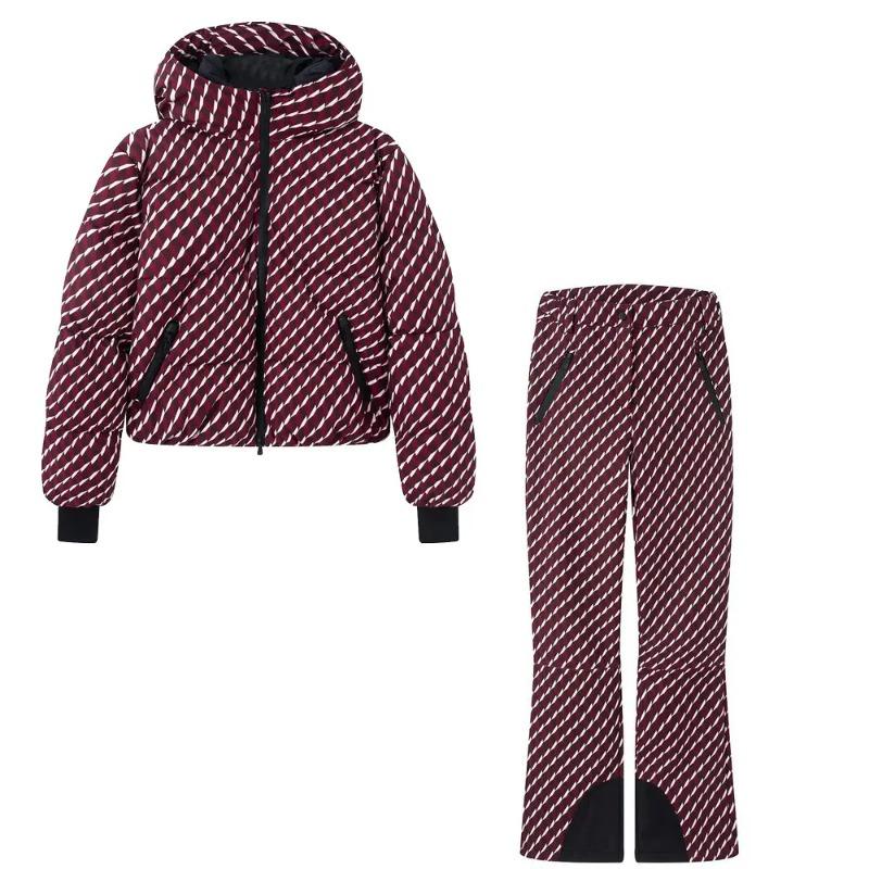 Damen Winter Kapuzen Reißverschluss Bordeaux Ski Gepolsterte Parka Mantel Anzug Set Dame Winddicht Hose Hosen Trainingsanzug