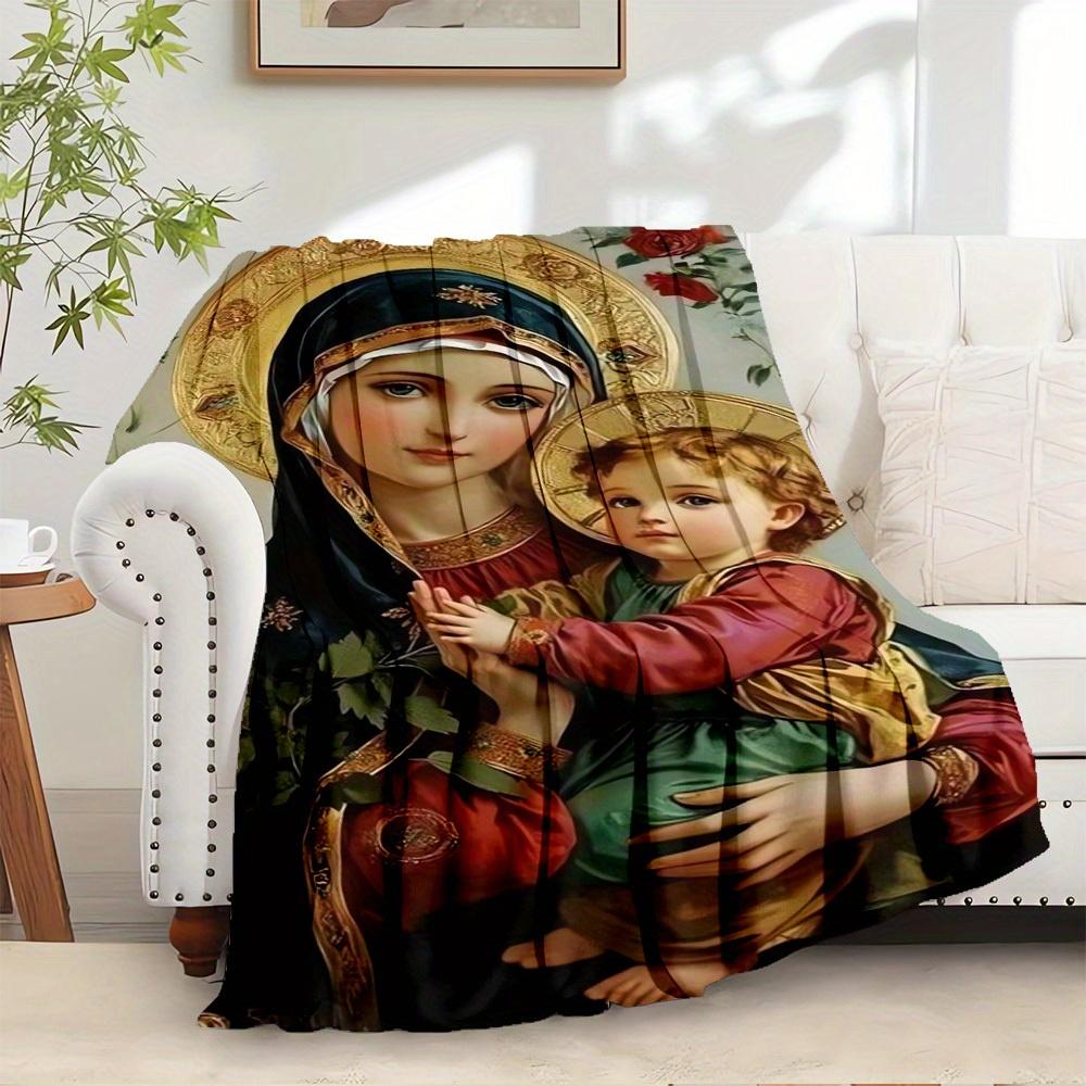 1pc Virgin Mary,Child Jesus,Religious Iconography Flannel Blanket - Lightweight Soft for All Seasons, Ideal for Couch, Office, Bed, Travel,