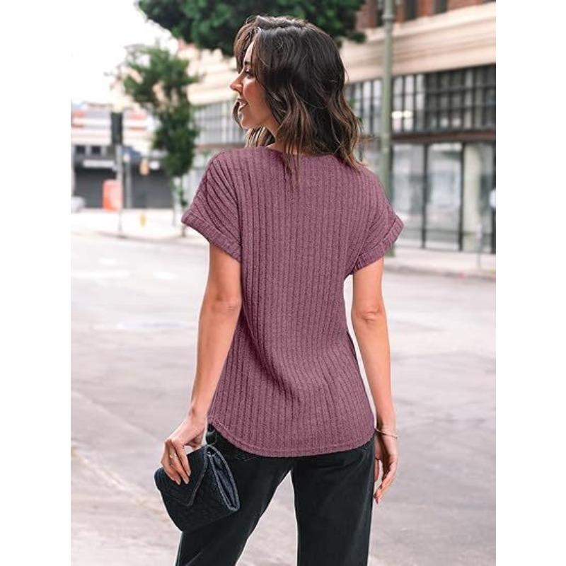 Solid Color Round Neck Ribbed Loose Short Sleeve Casual T Shirt Top For Women