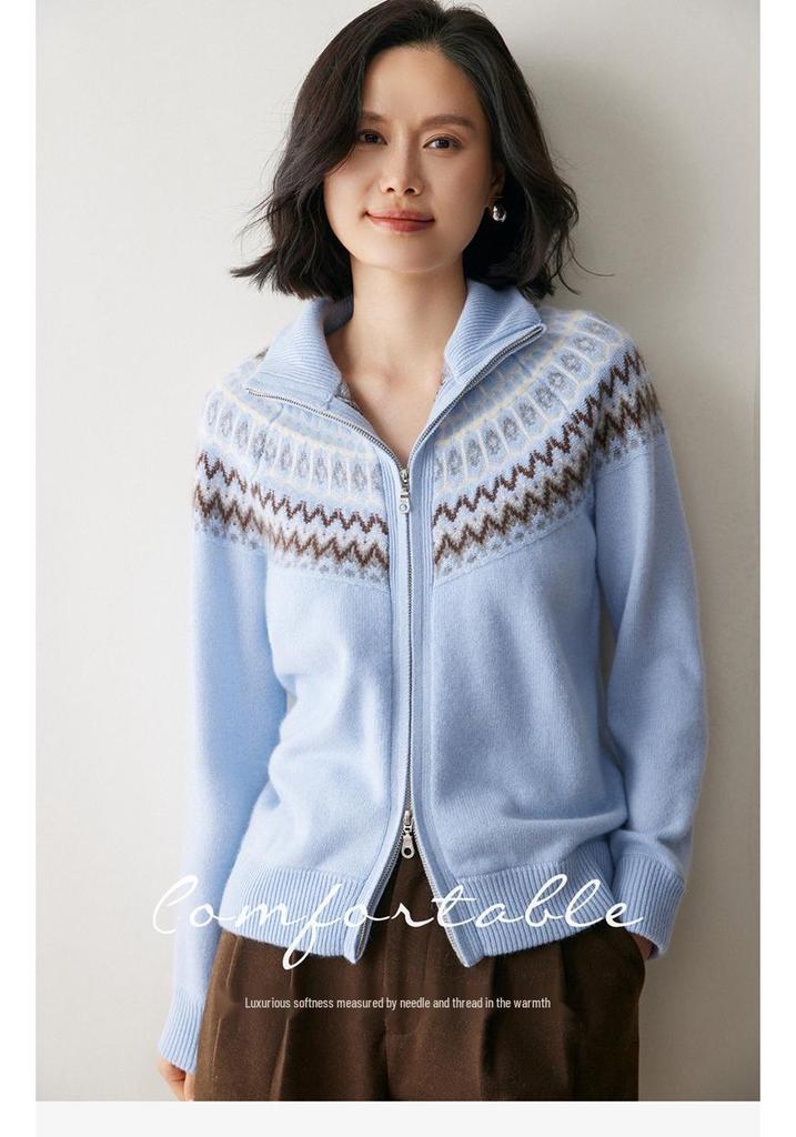 Fair Isle Jacquard Women's Color Block Cashmere Cardigan - 2025 Autumn/Winter Lapel Zipper Jacket