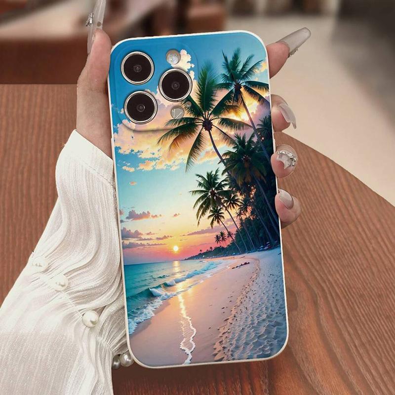

Beach Sunset Palm Tree Painted Soft Phone Case For iPhone 16E 15 16 14 13 12 11 Pro Max XS XR Max 7 8 16 Plus Shockproof Cover iPhone 16 PIus
