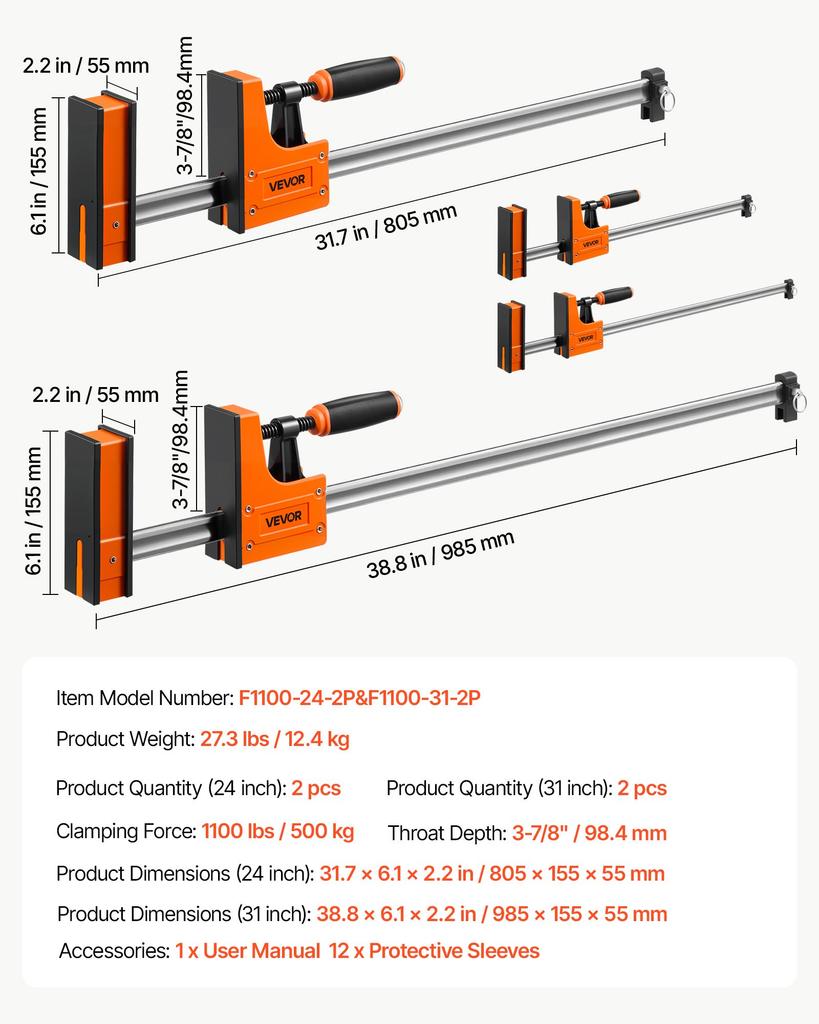 VEVOR Bar Clamps for Woodworking, 4-Pack, 60.96 cm and 78.7 cm F Clamps, 500 kg Load Limit, Clamp/Spreader 2 Modes, Soft Rubber Pads