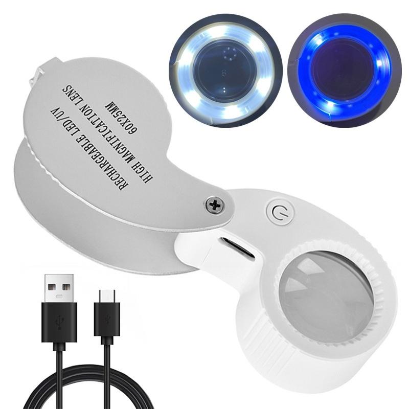 1 Set 40X 60X Foldable Magnifying Glass With Uv Led Lights Illuminated Magnifier For Jewelers Gems Coin Rechargeable Magnifier