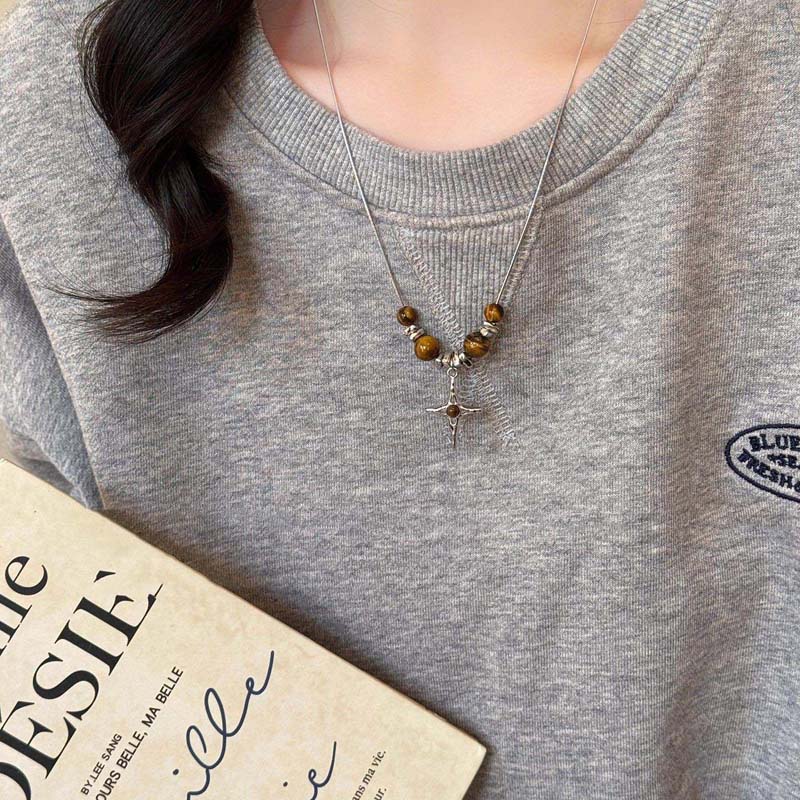 Vintage Silver Color Cross Star Heart Pendant Necklace for Women Hiphop Punk Brown Stone Bead Necklace Sweater Chain Jewelry