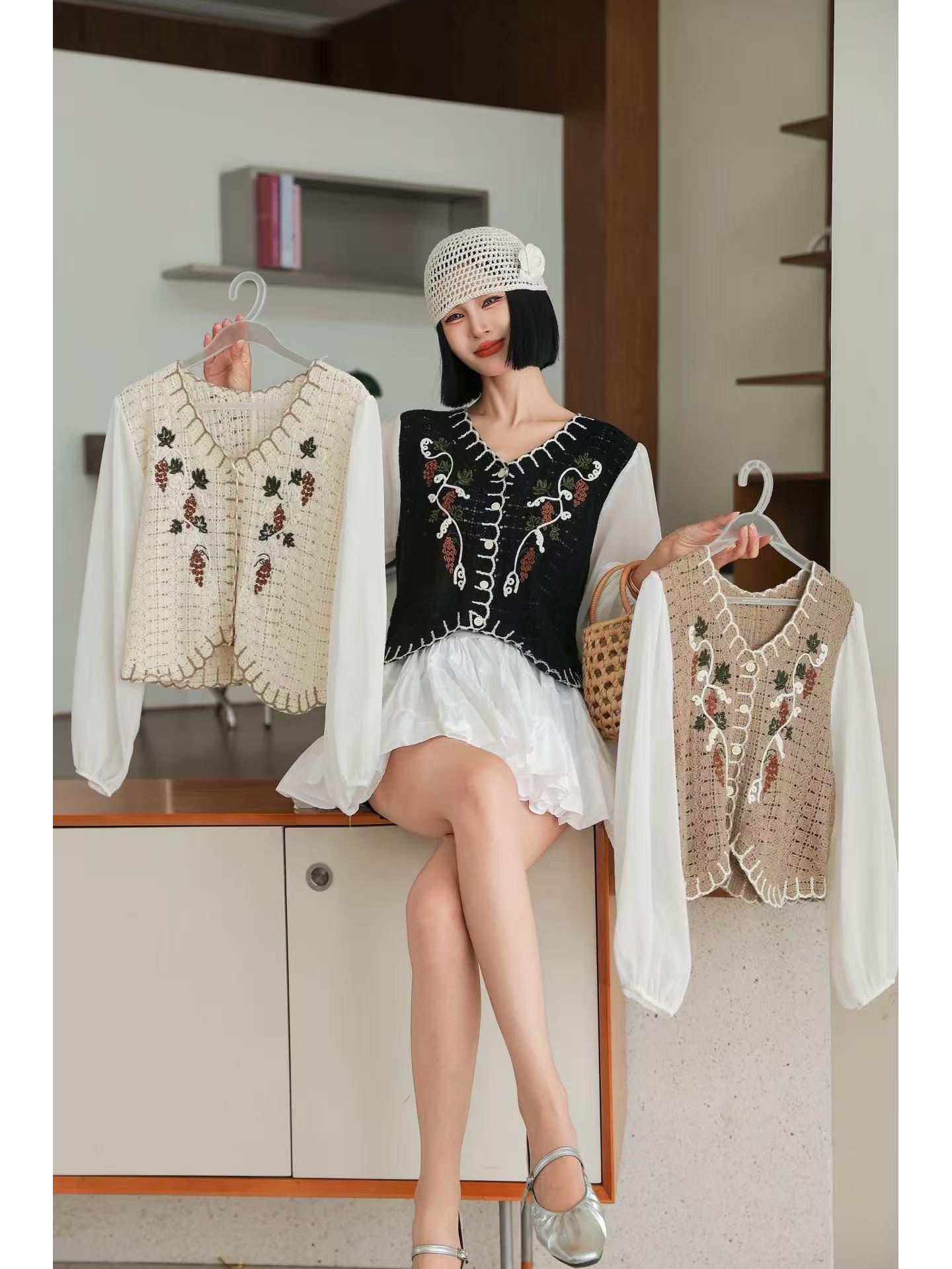 Весенний сладкий кружевной вышитый шифоновый кардиган - Женский вязаный топ с длинным рукавом One Size