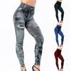 Mehrere Taschen Skinny Imitationsjeans Leggings Hüfthebung Zerrissene Löcher Druck Mittelhoch Bund Elastische Hose für Sport