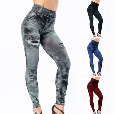 Multi Pockets Skinny Imitation Jeans Leggings Hip Lifting Ripped Holes Print Mid Waist Elastic Pants for Sports