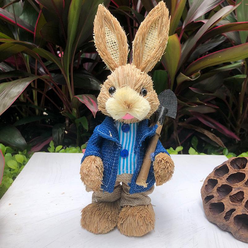 Easter Rabbit Decoration Straw Rabbit Ornament Creative Artificial Bunny Figure 25cm Home Holiday Cute with Flower Wreath