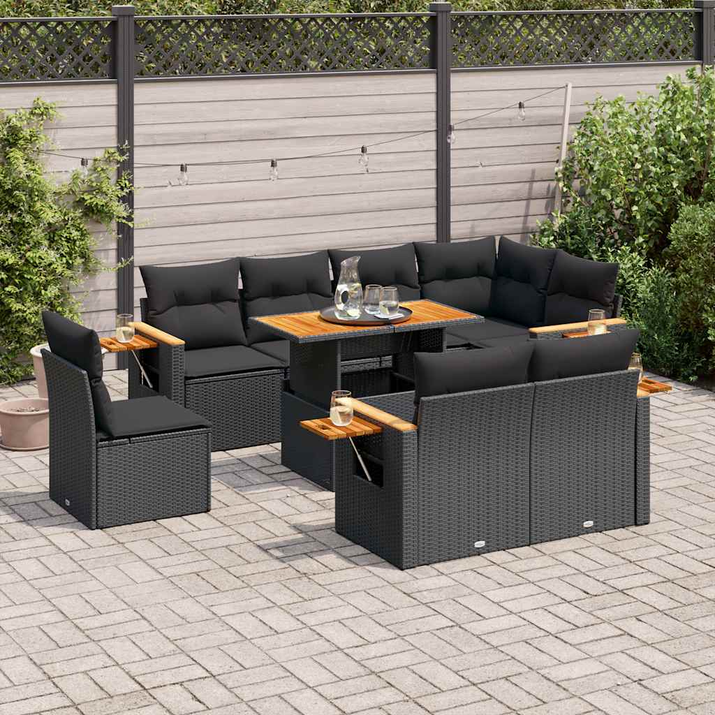Vidaxl 9-Cz. Zestaw Mebli Z Poduszkami, Czarny, Polirattan I Akacja