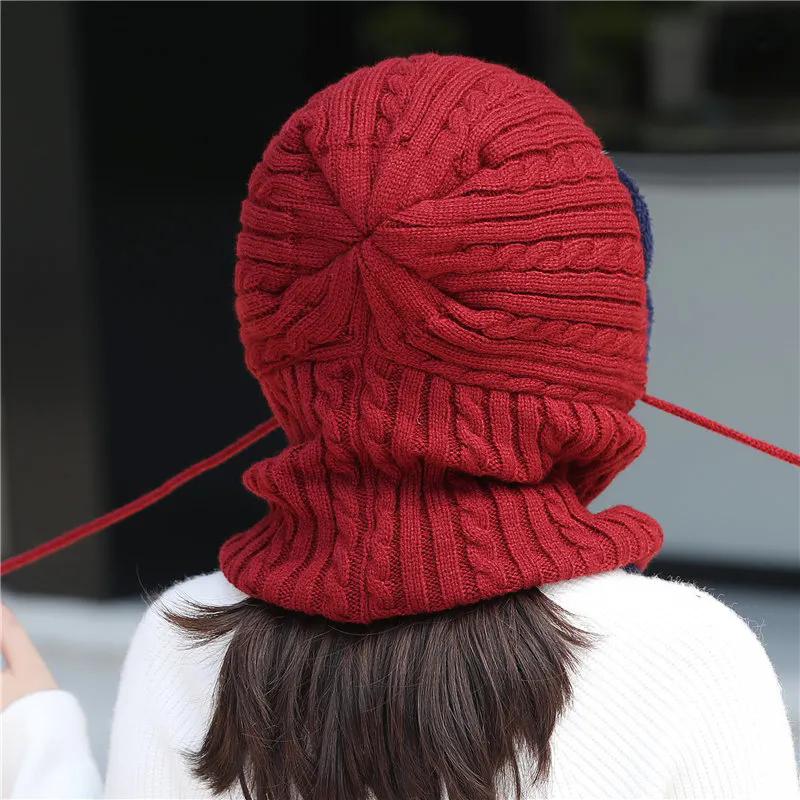 WTEMPO Autumn Winter Knitted Pullover Hats Women Large Solid Color Ear Protection Outdoor Cycling Windproof Scarf Hats