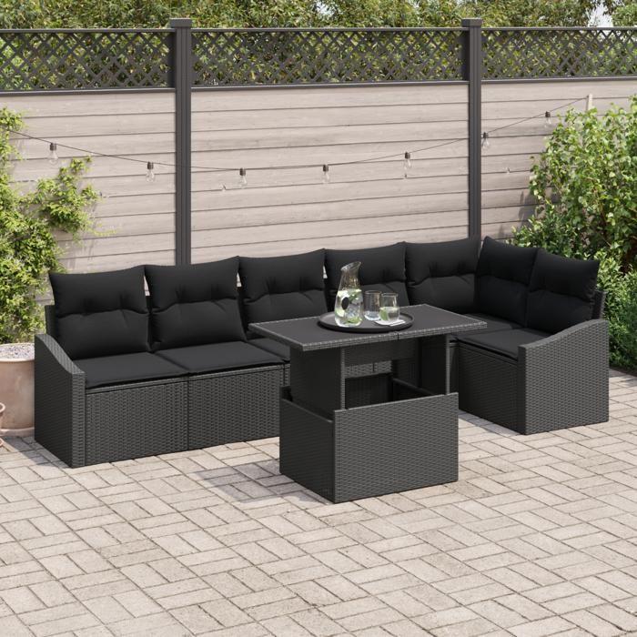 VidaXL Ensemble de canapé de jardin 7 pièces avec coussins noirs en poly rotin 3349019