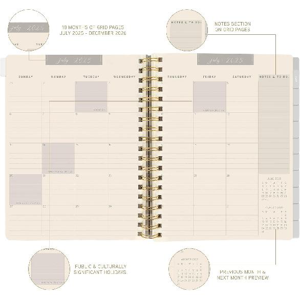 18 Month Planner/Calendar by Graphique, July 2025 – Dec. 2026 Peanuts Plan Hardbound Spiral Planner, Monthly Tabs, Holidays, Reminder Stickers,