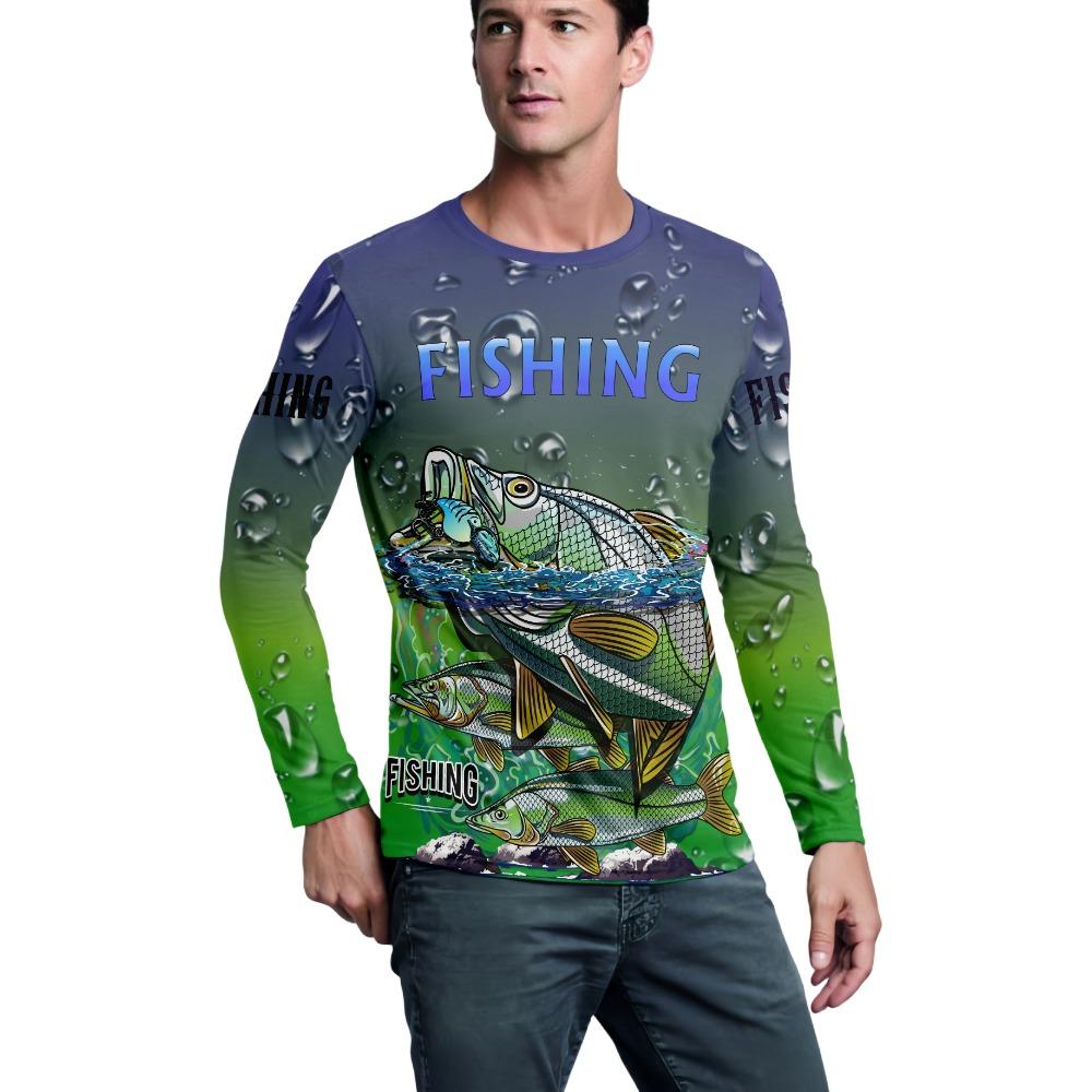 Men's Outdoor Fishing Long Sleeve T-shirts Fish Print Round Neck tshirt Summer Casual Loose Top Oversized Fishing Clothes