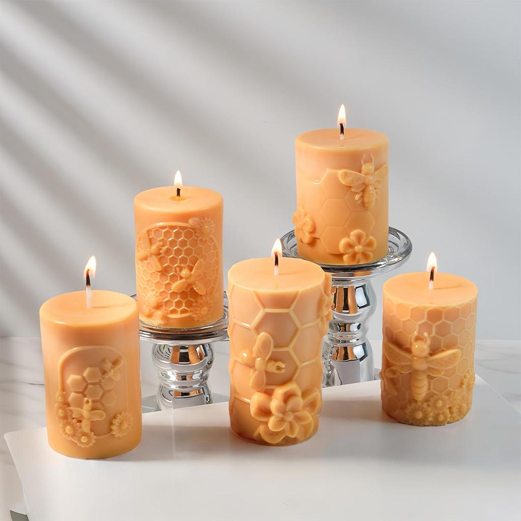 3D Honeycombs Pillar Candle Silicone Mold DIY Embossed Bee And Flower Honeycombs Cylinder Aromatherapy Candle Plaster Mold Decor