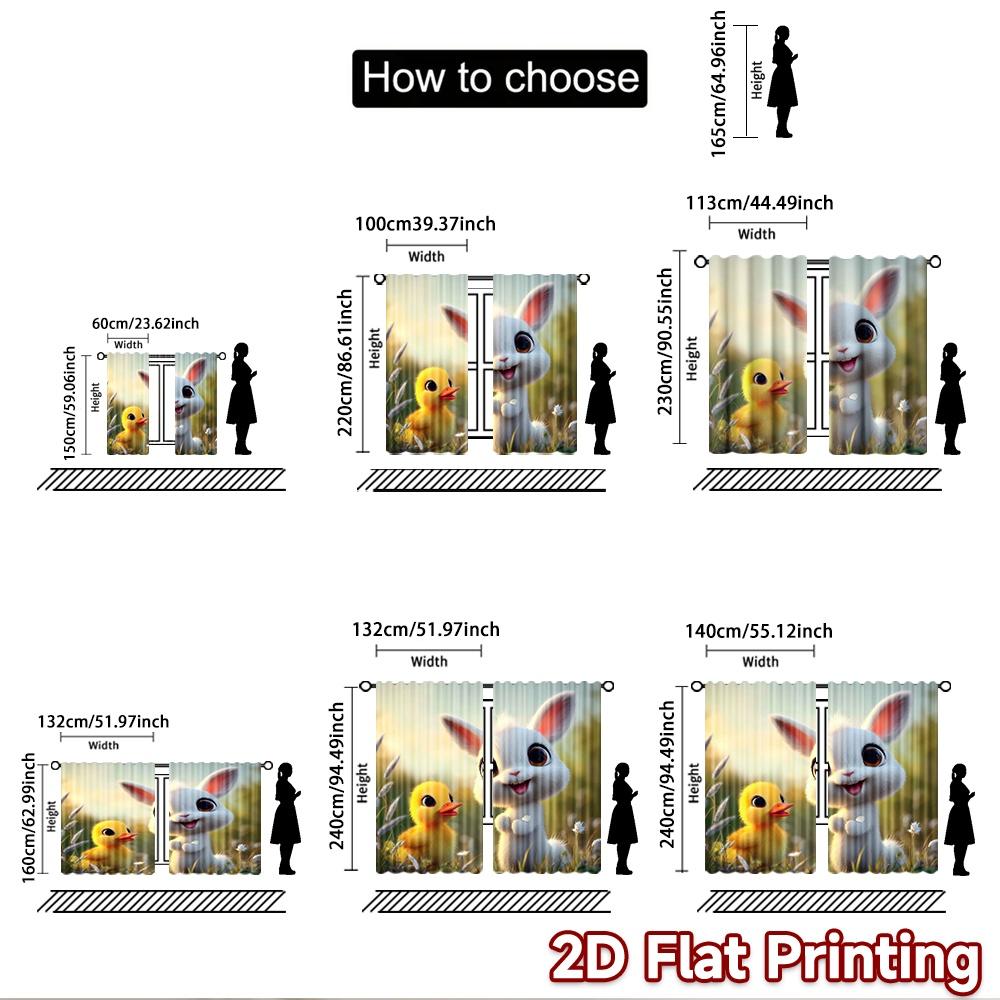 2D Flat Printing 2pcs Window Treatment Curtains Cute Bunny Duckling Spring Digital Printed Polyester Drapes Seasonal Party &