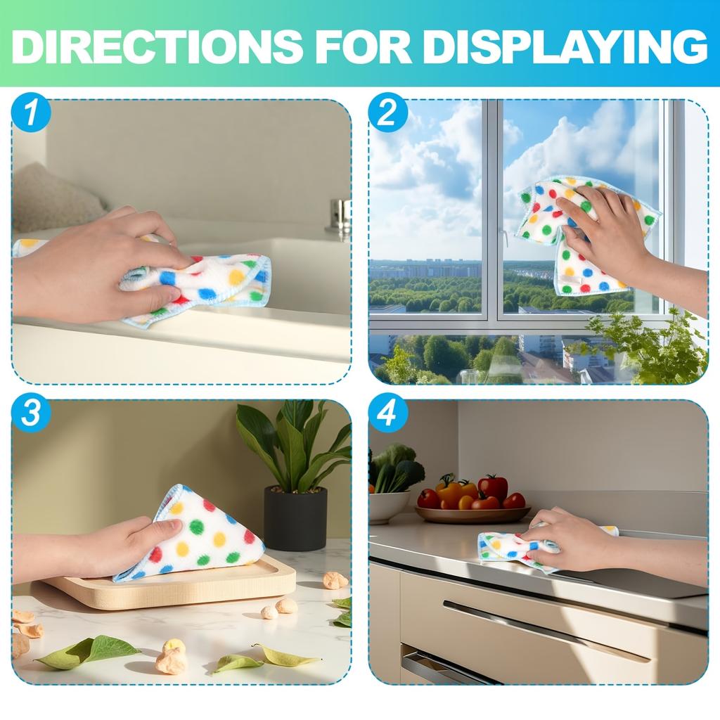 8pcs Streak-Free Cleaning Cloths, Super Absorbent & Quick-Dry Reusable Towels for Kitchen, No Lint Non-Scratch,Polka Dot Pattern