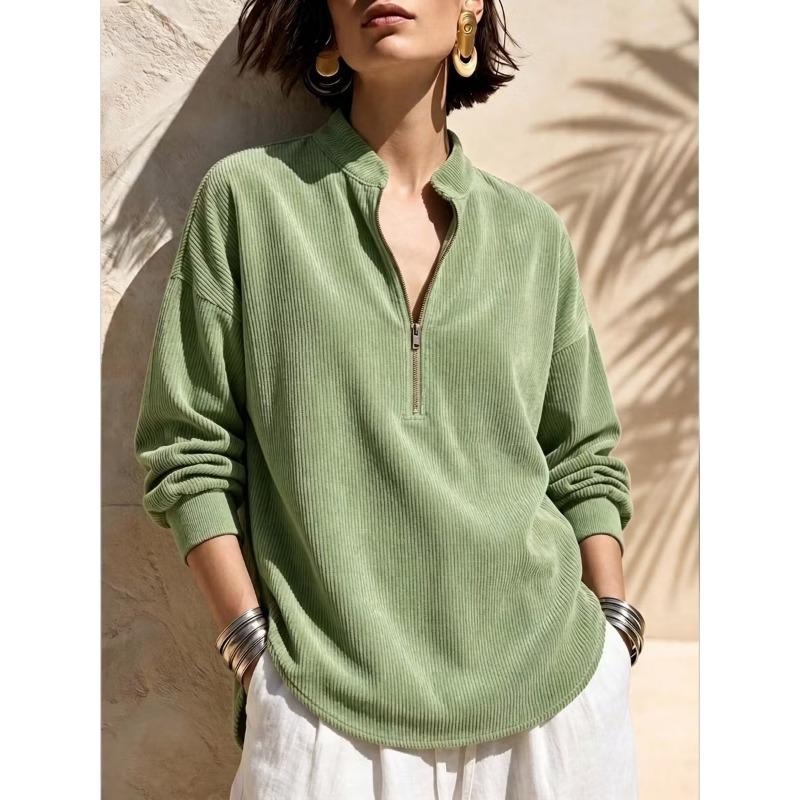 Women S Solid Stand Collar Long Sleeve Loose Corduroy Top