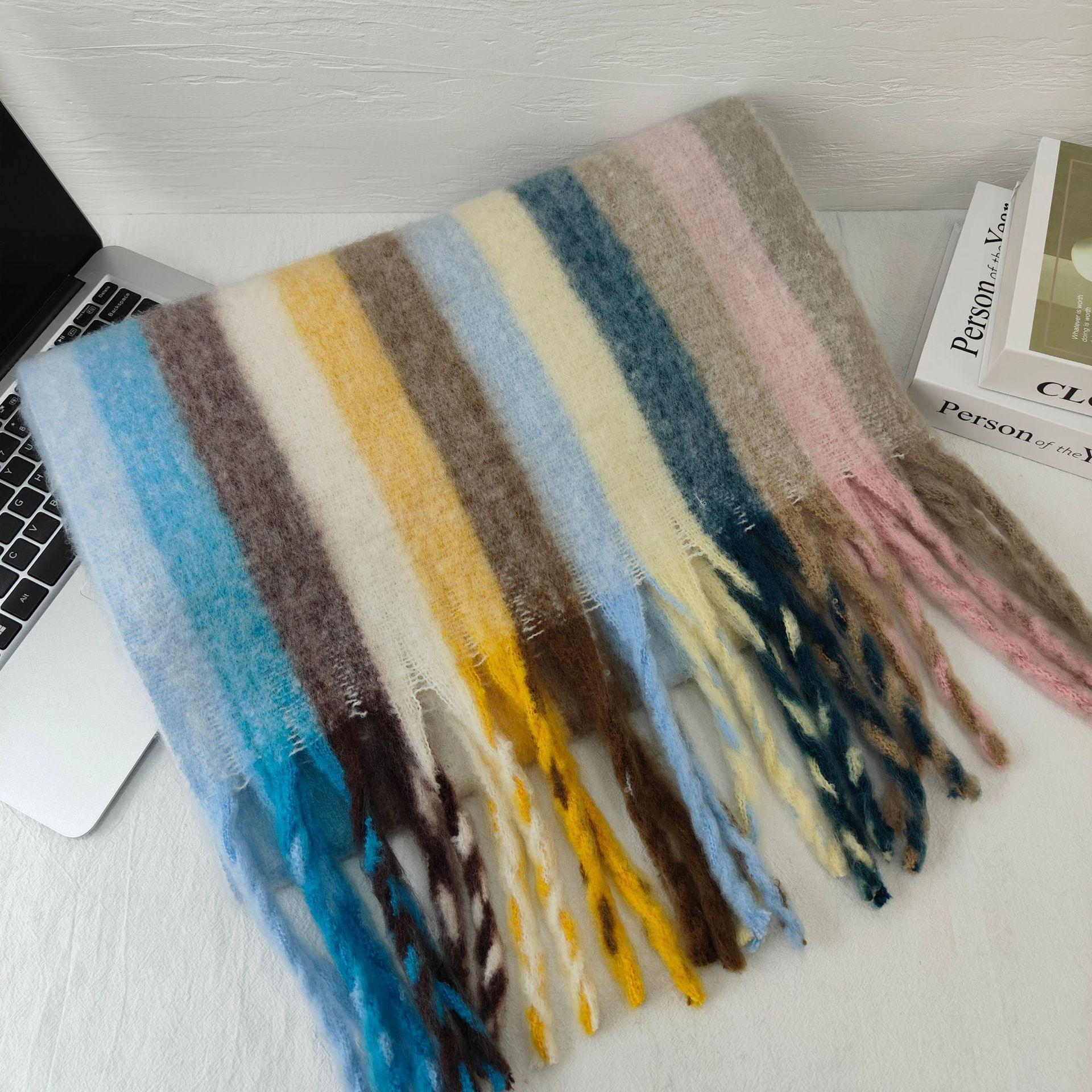 

Mohair Colorful Vertical Striped Scarf for Women Soft Solid Color Scarf Warm Soft Girl Student Tassel Versatile Trendy 40*200cm