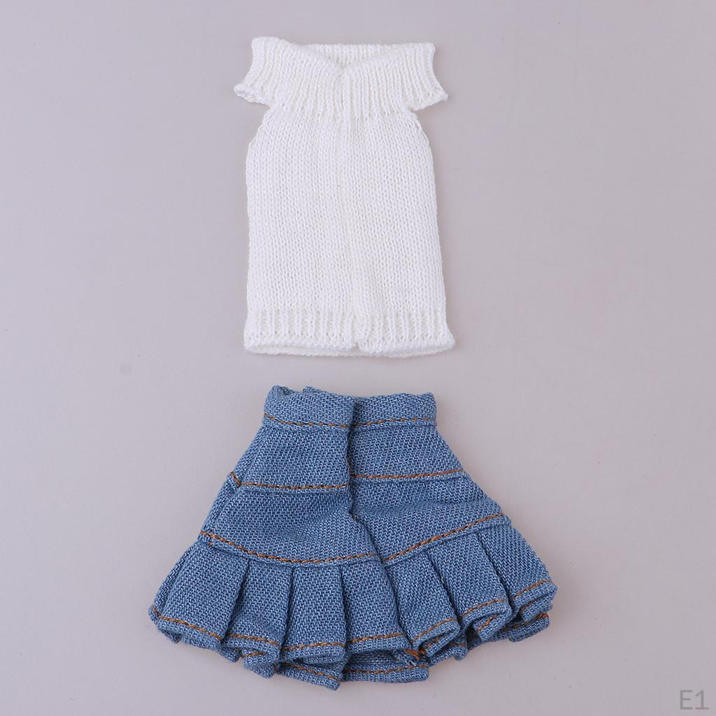 Weißes Strick-Off-Shoulder-Pullover-Set für 1/6 Licca OB Puppen & Blau