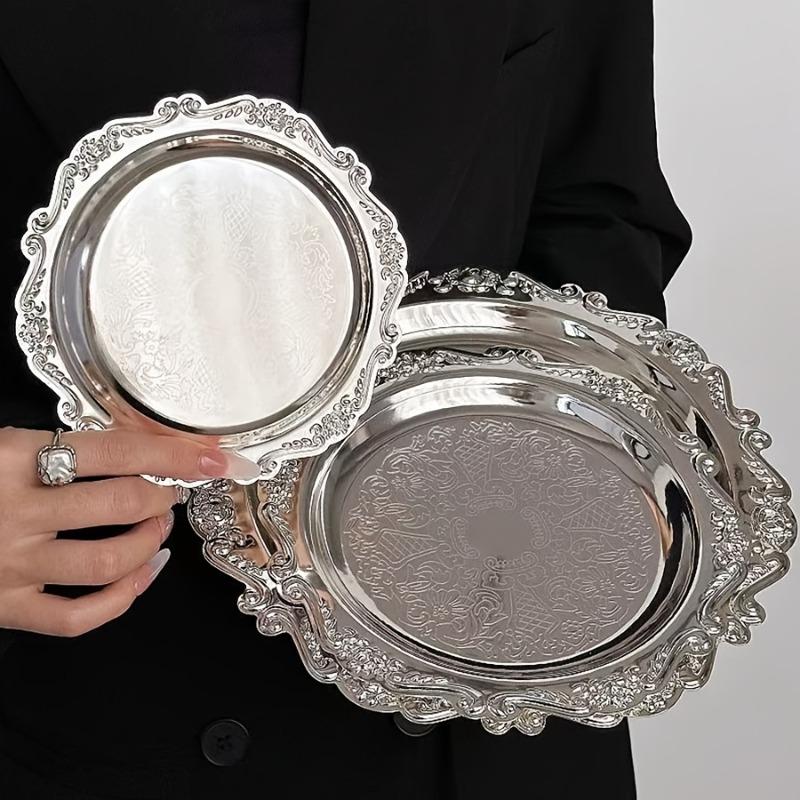 4pcs Vintage Light Luxury Style Metal Jewelry Tray Multifun Metal Cake Plate Afternoon Tea Pastry Trays Storage Plates Ornaments