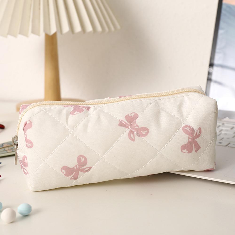 New Bowknot Floral Print Pen Bag Large Capacity Portable Storage Bag Multifunctional Stationery Bag School Office