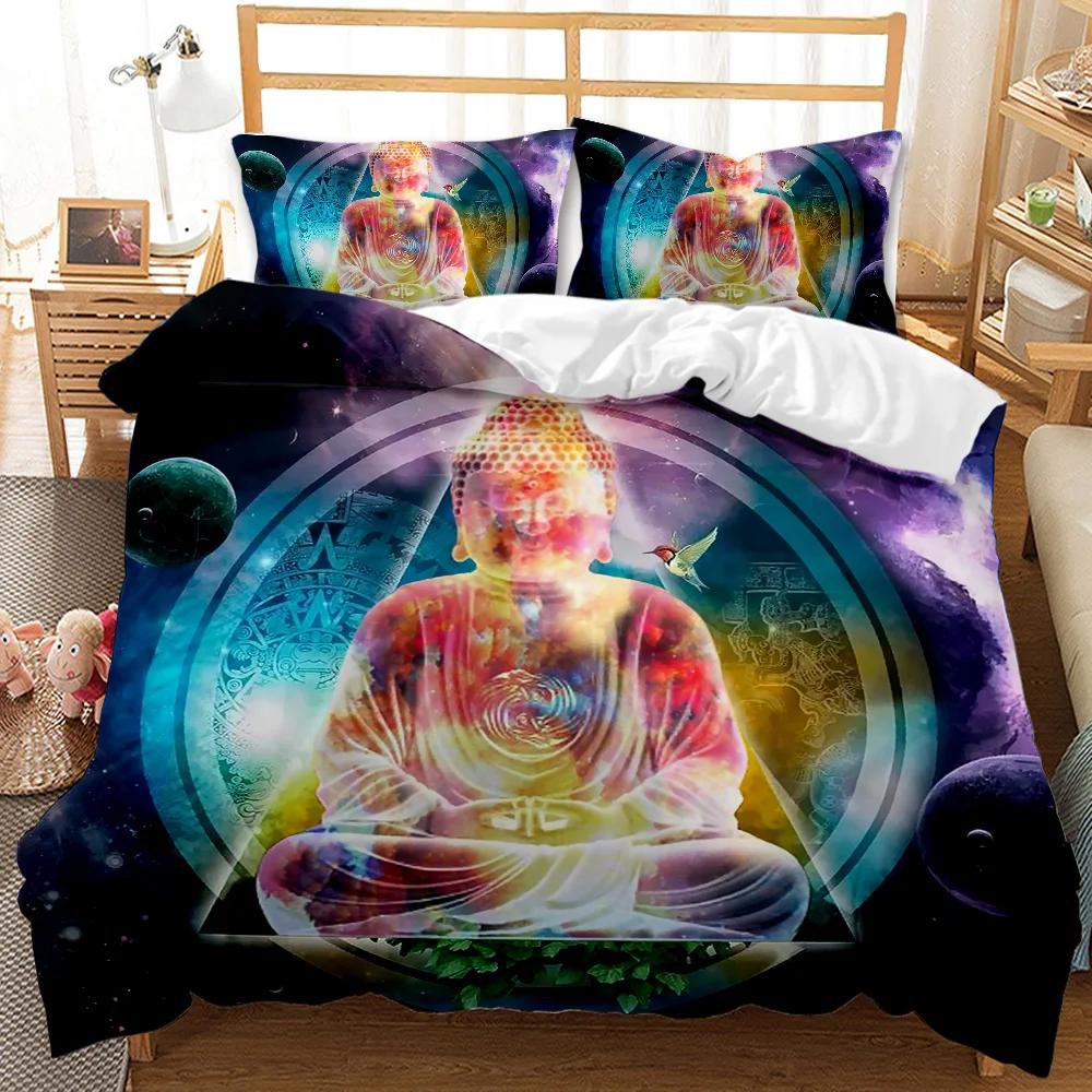 Buddha Duvet Cover Set Exotic Ethnic Bohemian Golden Black Lotus Flowers Bedding Set Double Queen King Polyester Qulit Cover