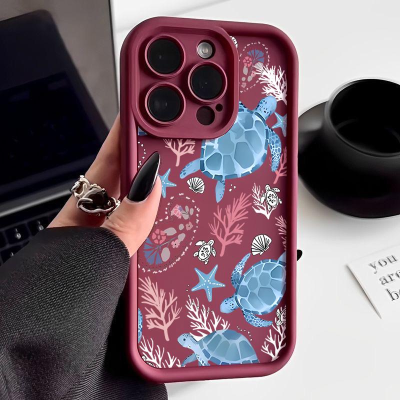 

Для iPhone 16 Pro Max 16E 15 14 Pro 13 12 11 чехол для телефона с рисунком коралловой черепахи, противоударный мягкий защитный чехол из ТПУ для линз, противоударный матовый чехол на заднюю панель iPhone 7 / 8 вино красного
